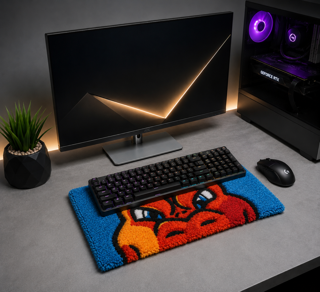 Öfkeli Karakter El Yapımı Tufting Klavye Halısı – RGB Oyuncu Setup Masa Matı