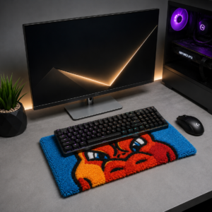 Öfkeli Karakter El Yapımı Tufting Klavye Halısı – RGB Oyuncu Setup Masa Matı